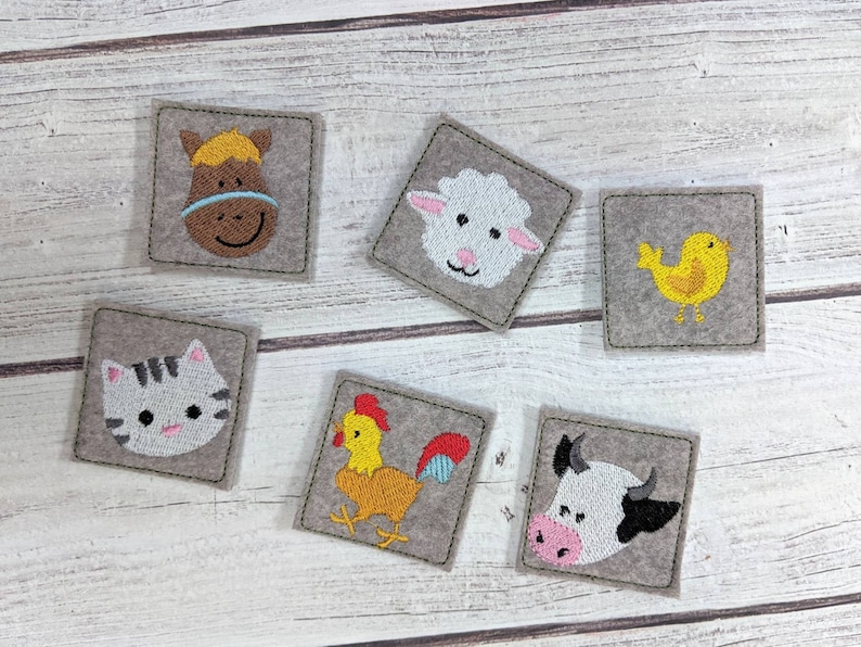Memory game "FARM" machine embroidery design In the hoop embroidery ITH project for hoop 4x4, 5x7, 6x10 kids match game farm animals faces image 3