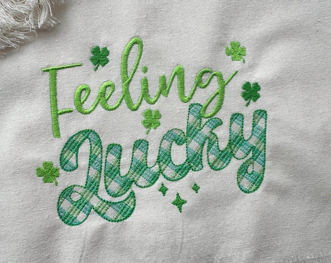 Feeling Lucky St Patricks Day saying quote Shamrock Lucky Clover gingham plaid checkered machine embroidery designs sizes 4, 5, 6, 7 inches
