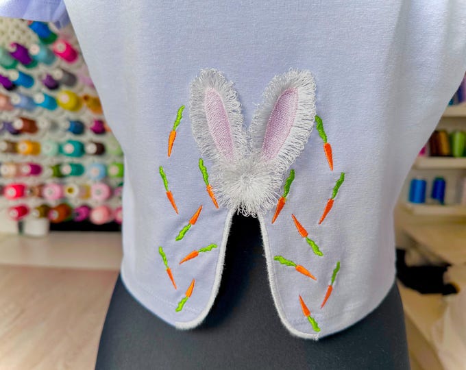 Easter Bunny Carrot Fringed fluffy Bunny ears split side seam cutout side bow machine embroidery designs farm animal kids sweatshirt tshirt