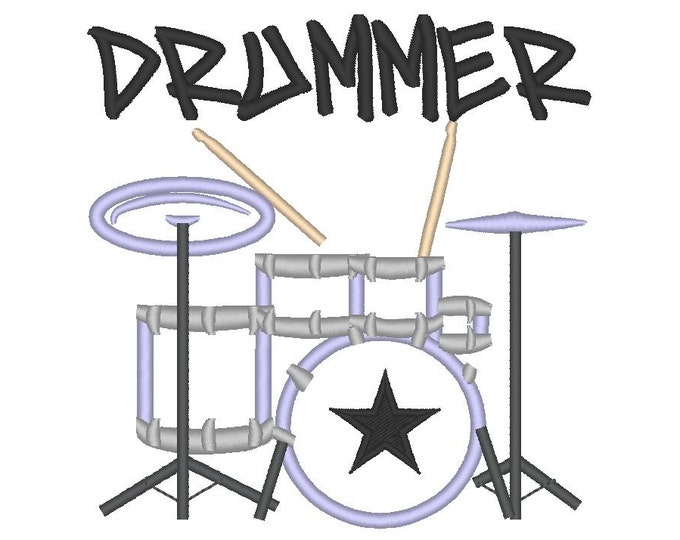 Drummer and drum machine embroidery applique designs for hoop 4x4, 5x7 and 6x10 kids girl boy music tool drums musician rock star
