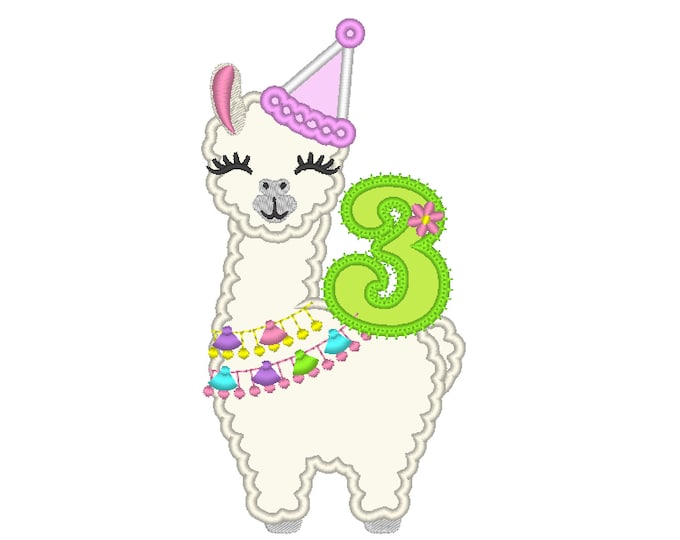 Number 3 THREE birthday Llama alpaca Birthday hat outfit llama with number Applique Design lama machine embroidery designs 5x7 6x10