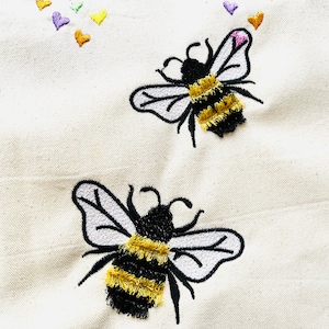 Fringed Bee cute honeybee machine embroidery designs in mini sizes 3, 3.5, 4 inches fluffy fur chenille bee fringe in the hoop ITH project