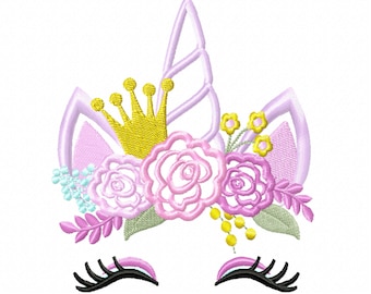 Licorne d'anniversaire couronne avec applique de roses poussin minable applique motifs de broderie machine applique visage de licorne broderie licorne arc-en-ciel