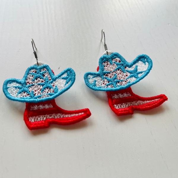 Cowboy cowgirl Boots and Hat earrings charm pendant FSL freestanding lace machine embroidery designs 4th July Patriotic lace earrings ITH