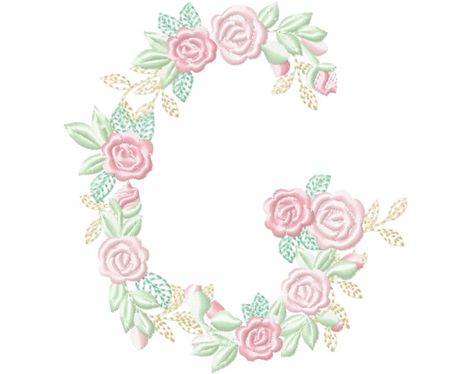 Delicate Roses Floral letter G garden flag monogram flowers flower flowered Font machine embroidery designs 3.5, 4, 5, 6, 7, 8 in
