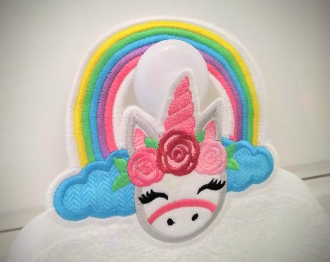 Rainbow unicorn towel hanging topper hole In The Hoop machine embroidery design, ITH project Towel topper, hanger, hanging hole embroidery