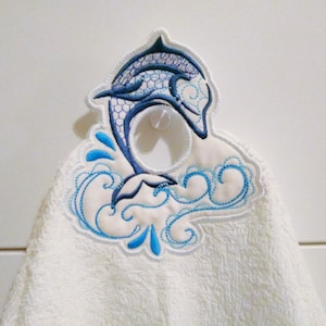 Dolphin towel topper hanging hole In The Hoop machine embroidery design ITH project Marine Sealife Fish towel hanger embroidery