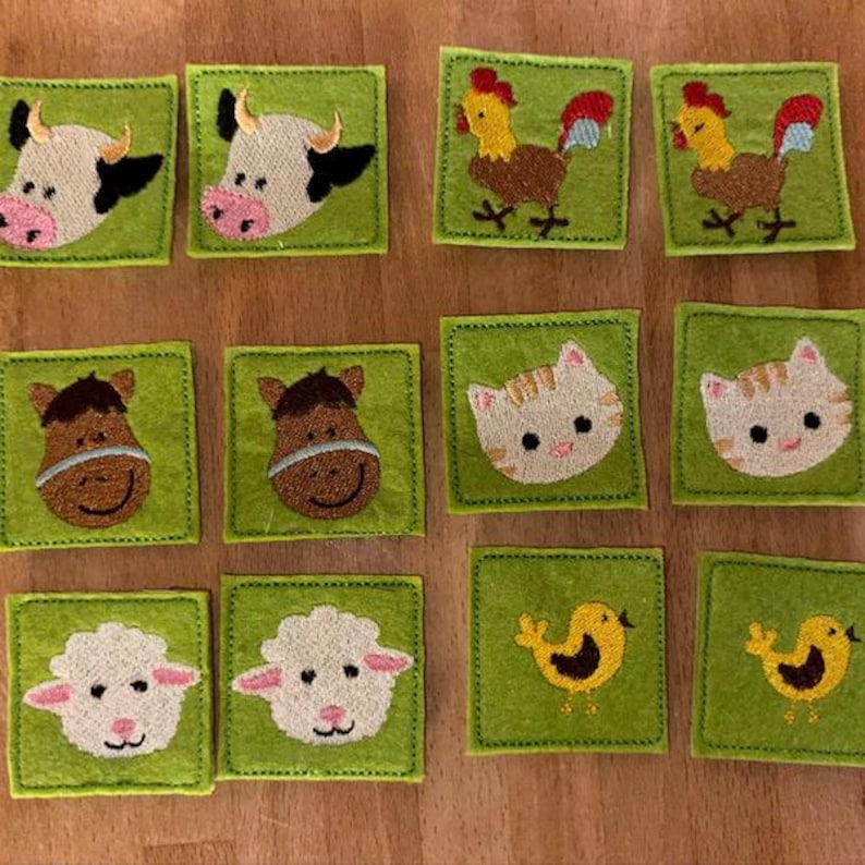 Memory game "FARM" machine embroidery design In the hoop embroidery ITH project for hoop 4x4, 5x7, 6x10 kids match game farm animals faces image 9
