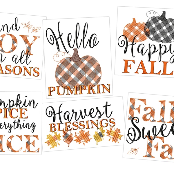 Happy Pumpkin fall Autumn Thanksgiving Kitchen dish towel quotes SET of 6 pcs machine embroidery designs 4x4, 5x7, 8x8 aprons and pillows