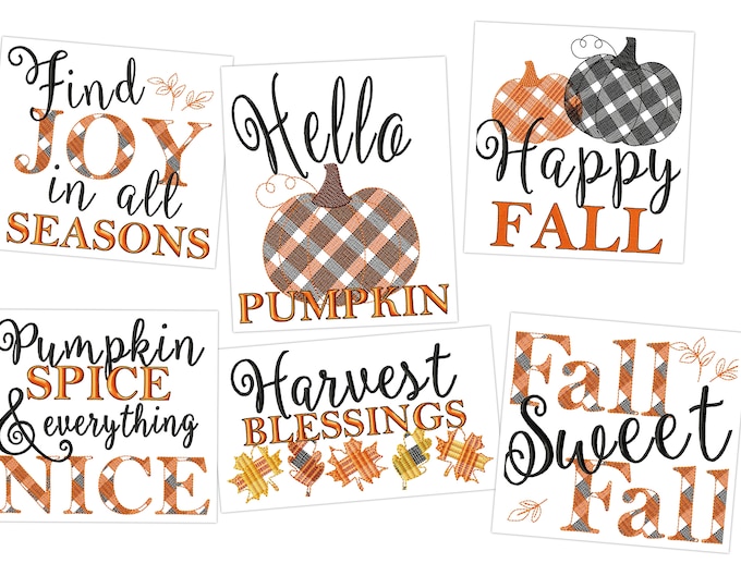 Happy Pumpkin fall Autumn Thanksgiving Kitchen dish towel quotes SET of 6 pcs machine embroidery designs 4x4, 5x7, 8x8 aprons and pillows