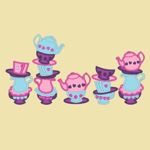 Mad Hatter tea party collection SET of 5 types teapot and cup stacked cups Applique machine embroidery designs for hoop 4x4, 5x7, 6x10