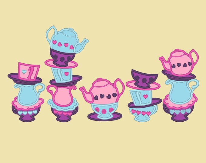 Mad Hatter tea party collection SET of 5 types teapot and cup stacked cups Applique machine embroidery designs for hoop 4x4, 5x7, 6x10