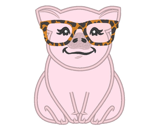 Leopard glasses Piggie, pig, awesome piggy farm animal girl piglet applique machine embroidery designs multiple sizes 4, 5, 6, 7 farm design