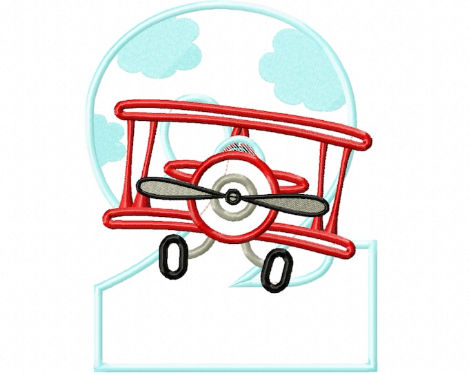 Airplane number 2 TWO boys birthday number machine embroidery applique designs for hoop 4x4, 5x7, 6x10