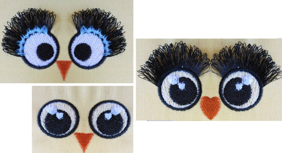 Fringed, fluffy, flare lashes Owl pretty eyes - 3 types machine embroidery designs toy making face eyes fringed eyelashes ITH in the hoop
