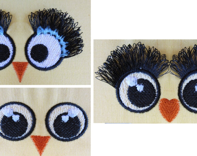 Fringed, fluffy, flare lashes Owl pretty eyes - 3 types machine embroidery designs toy making face eyes fringed eyelashes ITH in the hoop