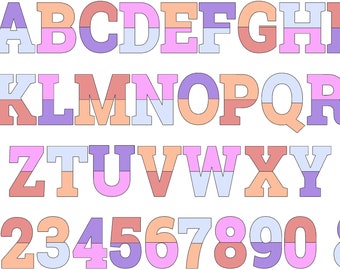 May include: A colourful alphabet and numbers with a tri-colour design. The letters and numbers are in a light blue, pink and orange colour scheme. The letters are in a bold, blocky font.