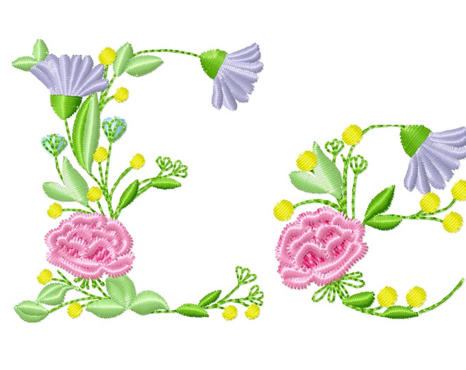 Meadow Flowers letters E and e, upper and lowercase Ee, floral monogram garden flag machine embroidery designs, INSTANT DOWNLOAD
