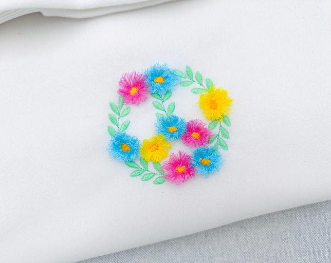 Fringed Floral Peace Sign Leaf and Flower Fluffy Fringe chenille daisy machine embroidery designs multiple sizes