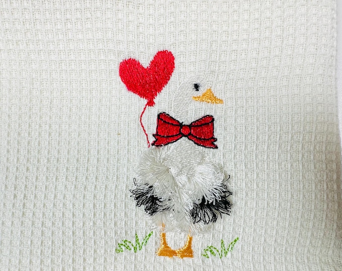 Valentine Goose with Heart Balloon and Bow Tie fluffy fringed Duck fur chenille farm bird machine embroidery designs fringe in the hoop