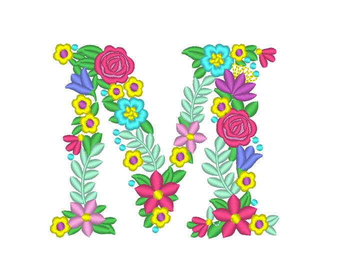 Floral letter M garden flag monogram liberty fashioned flowers flower Font machine embroidery designs monogram M only 4, 5, 6 and 8 in
