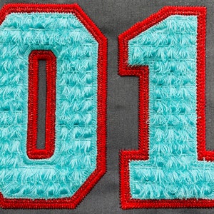 May include: A close-up of a blue and red felt number "01" sewn onto a dark gray fabric.