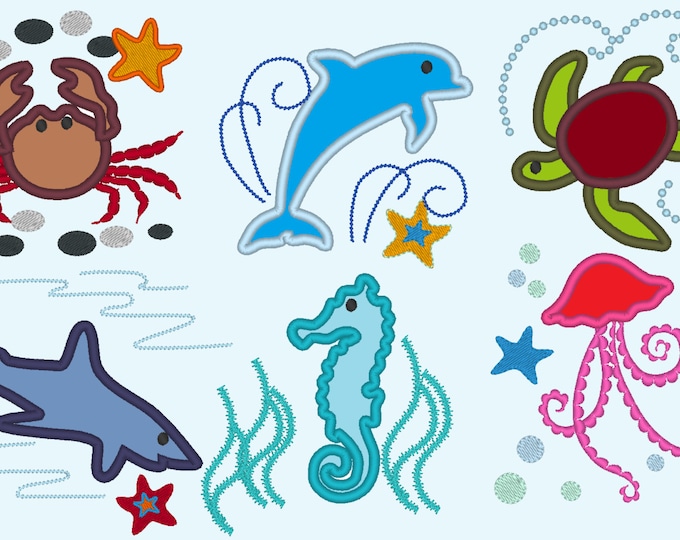 Awesome sea animals, dolphin, shark turtle, Jellyfish and crab - machine embroidery applique designs 4x4 and 5x7