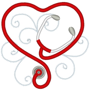 Stethoscope embroidery, doctor and Nurse Stethoscope heart, heartbeat curly embroidery designs - 3, 4, 5 inches