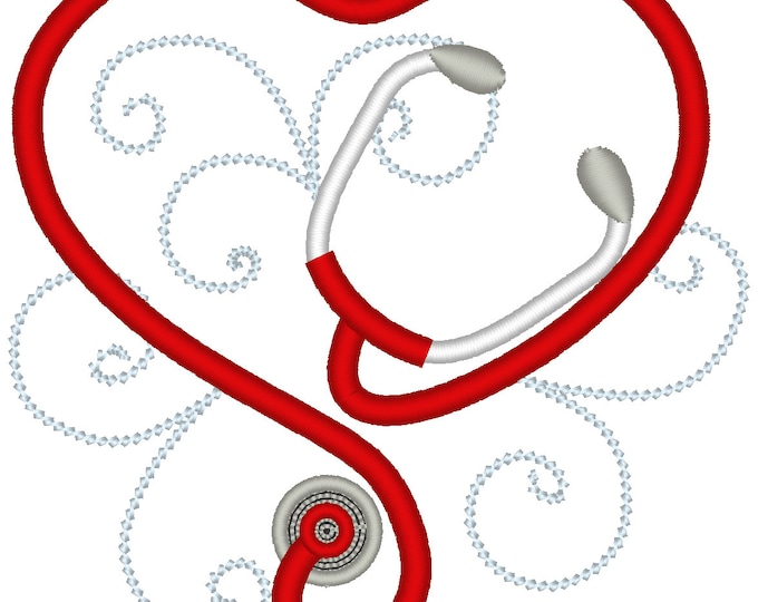 Stethoscope embroidery, doctor and Nurse Stethoscope heart, heartbeat curly embroidery designs - 3, 4, 5 inches