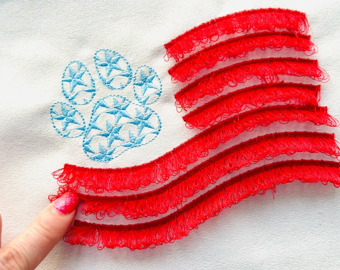 Fringe patriotic stars and stripes flag fluffy fringed starry Dog Puppy Paw machine embroidery designs for hoop 4x4 and 5x7 fur dog paw
