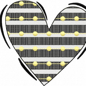 May include: A black and white striped heart with a gold chain of circles around the edges. The heart is outlined in black.