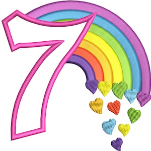 Cute Rainbow Birthday Number 7 SEVEN  machine embroidery applique designs size 4, 5, 6 and 7 inches, rainbow baby birthday number 7