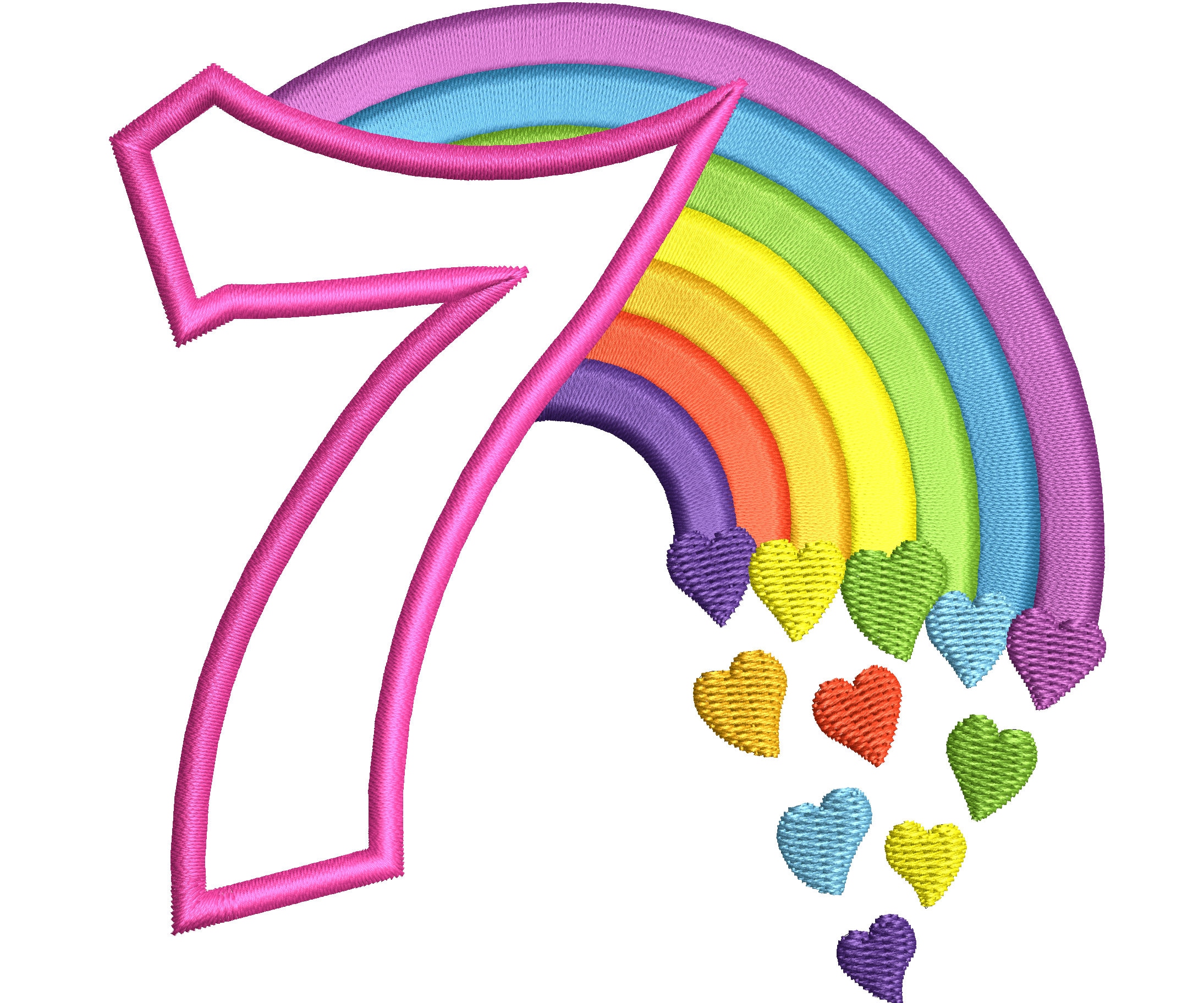 Cute Rainbow Birthday Number 7 SEVEN machine embroidery applique designs  size 4, 5, 6 and 7 inches, rainbow baby birthday number 7