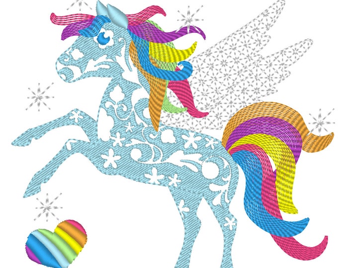 Curly rainbow unicorn pegasus - machine embroidery designs in various size, rainbow unicorn horse machine embroidery INSTANT DOWNLOAD