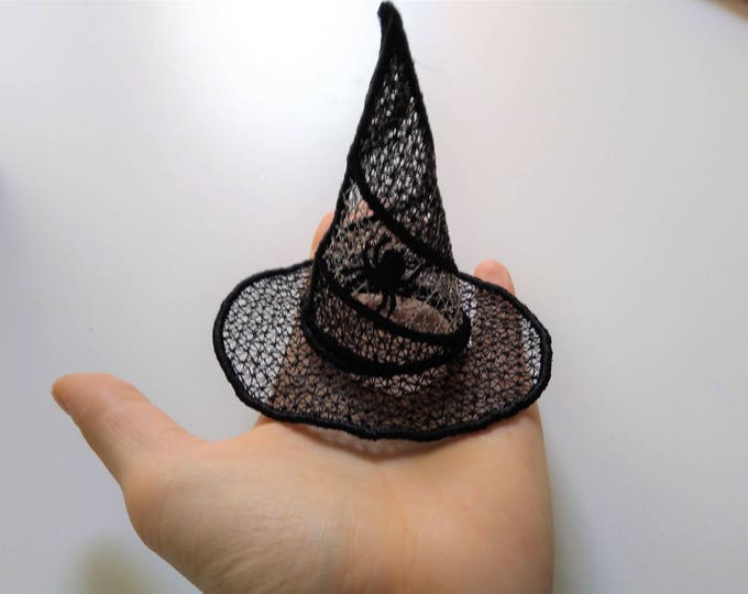 Awesome witch Lace Hat with little spider FSL, Free standing lace machine embroidery design for hoop 4x4 kids girl hairclip idea Halloween