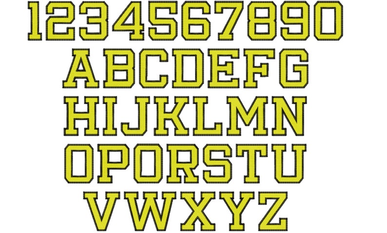 May include: A yellow alphabet and numbers with black outlines. The letters and numbers are in a bold, blocky font.
