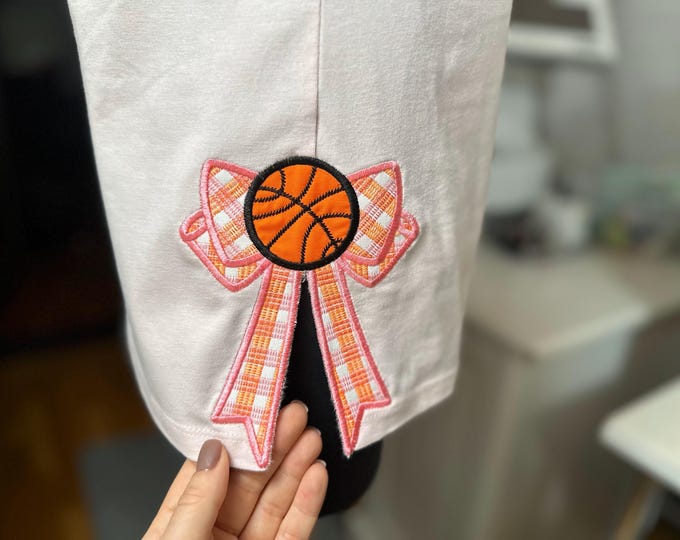 Basketball Sports Bow Gingham plaid side bow Applique machine embroidery designs side split Girly sweatshirt t-shirt sizes 4 up to 8 inches