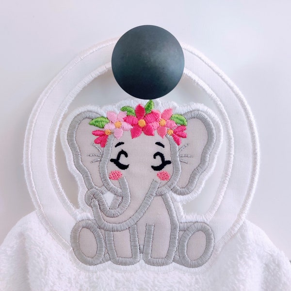 Elephant with flowers elephant floral crown towel hanging hole topper In The Hoop machine embroidery designs ITH project Towel topper hanger