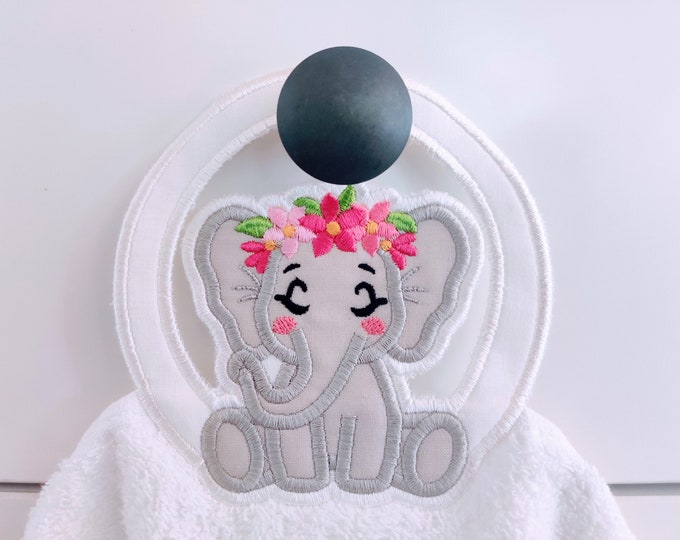 Elephant with flowers elephant floral crown towel hanging hole topper In The Hoop machine embroidery designs ITH project Towel topper hanger