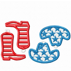 May include: Two red cowboy boots with white stripes and a blue cowboy hat with white stars. The boots and hat have white loops for hanging.