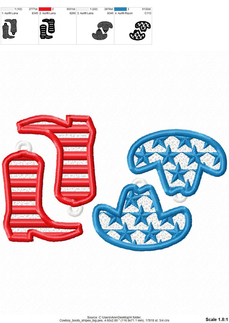 May include: Two red cowboy boots with white stripes and a blue cowboy hat with white stars. The boots and hat have white loops for hanging.