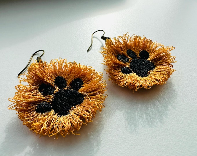 Fringed Puppy Paw print Cute Fluffy earrings or charm in the hoop FSL freestanding lace machine embroidery designs kids girls dog lovers