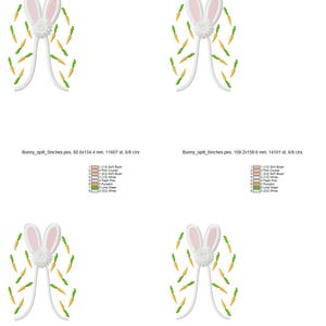 May include: Four embroidery designs of a white bunny with pink ears and a fluffy tail. The bunny is surrounded by green and orange carrots. The designs are labeled with the size of the design in inches and the number of stitches and colors used.