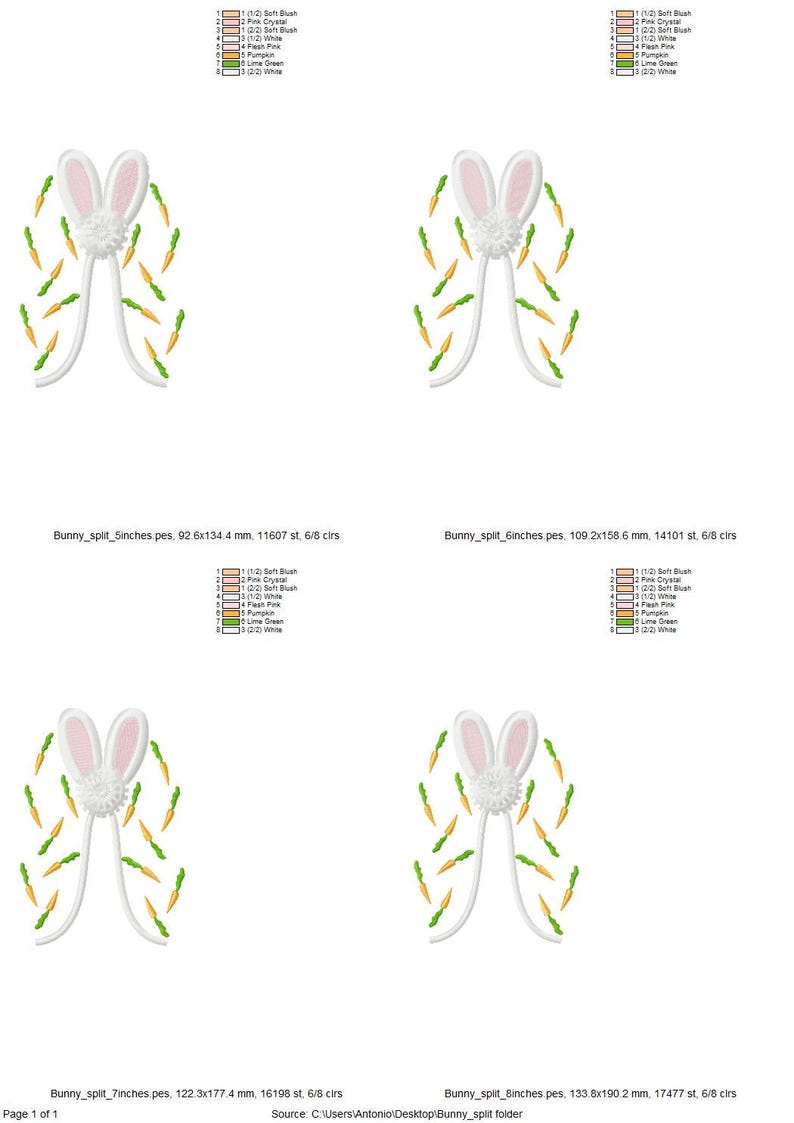 May include: Four embroidery designs of a white bunny with pink ears and a fluffy tail. The bunny is surrounded by green and orange carrots. The designs are labeled with the size of the design in inches and the number of stitches and colors used.