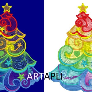Regenboogkerstboom swirl curl machineborduurontwerpen voor hoepel 4 x 4 5 x 7 6 x 10 kleurrijke kerstboom met sterborduurwerk