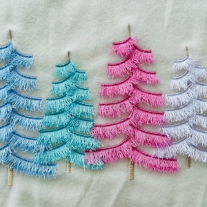 Fringed fluffy Christmas trees in a row pine forest cute fluffy fringed chenille machine embroidery designs sizes 6 up to 10 inch merry Xmas