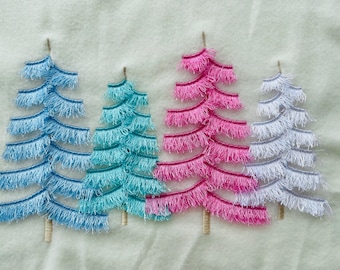 Fringed fluffy Christmas trees in a row pine forest cute fluffy fringed chenille machine embroidery designs sizes 6 up to 10 inch merry Xmas