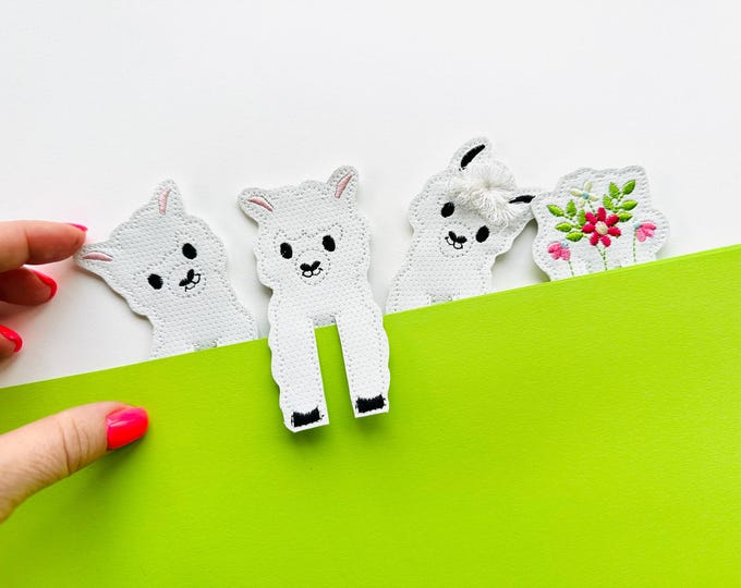 Peeking llama bookmarks SET of 4 types cute llama  ITH in the hoop machine embroidery designs for hoop 4x4 bookmark cow kids girl and boy