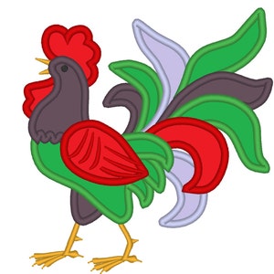 May include: A colorful embroidered rooster with a red comb, green wings, and a purple body. The rooster's tail feathers are green, red, and purple.