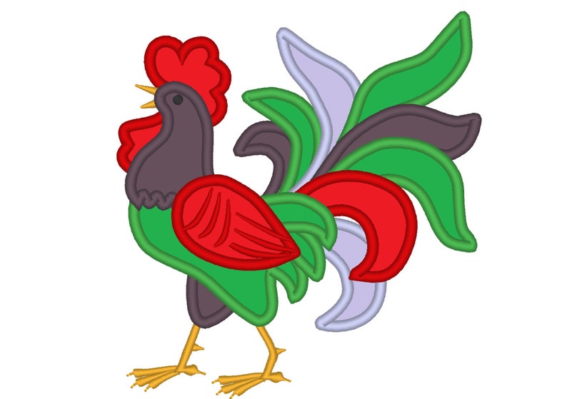 May include: A colorful embroidered rooster with a red comb, green wings, and a purple body. The rooster's tail feathers are green, red, and purple.